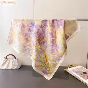 Khăn quàng đầu nữ OUSXA, Khăn vuông in họa tiết hoa 70cm, Chất liệu lụa thời trang Khăn choàng nữ bằng vải Polyester quấn phụ kiện mùa hè