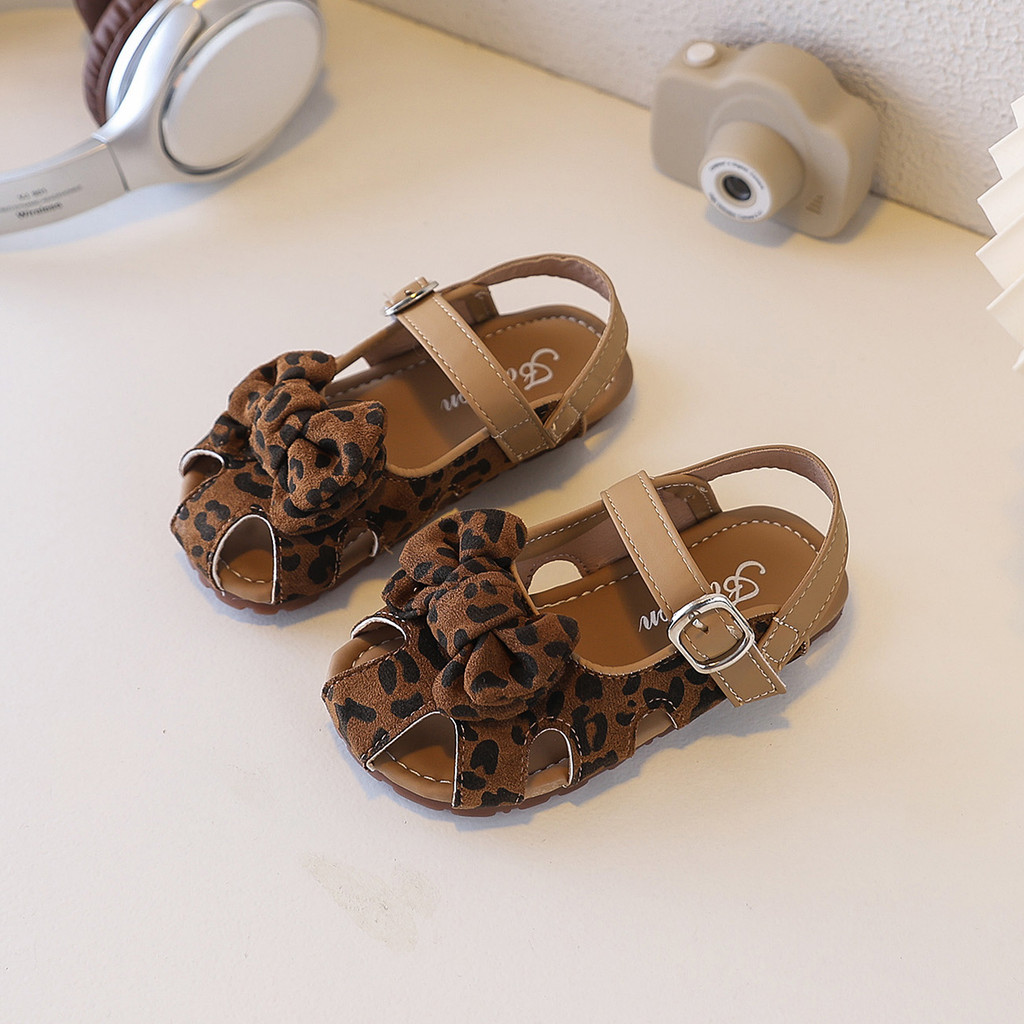 Bella Neman Giày sandal bé gái đầu búp bê hoa/leopard nơ, đế mềm êm chân, chống trượt mùa hè