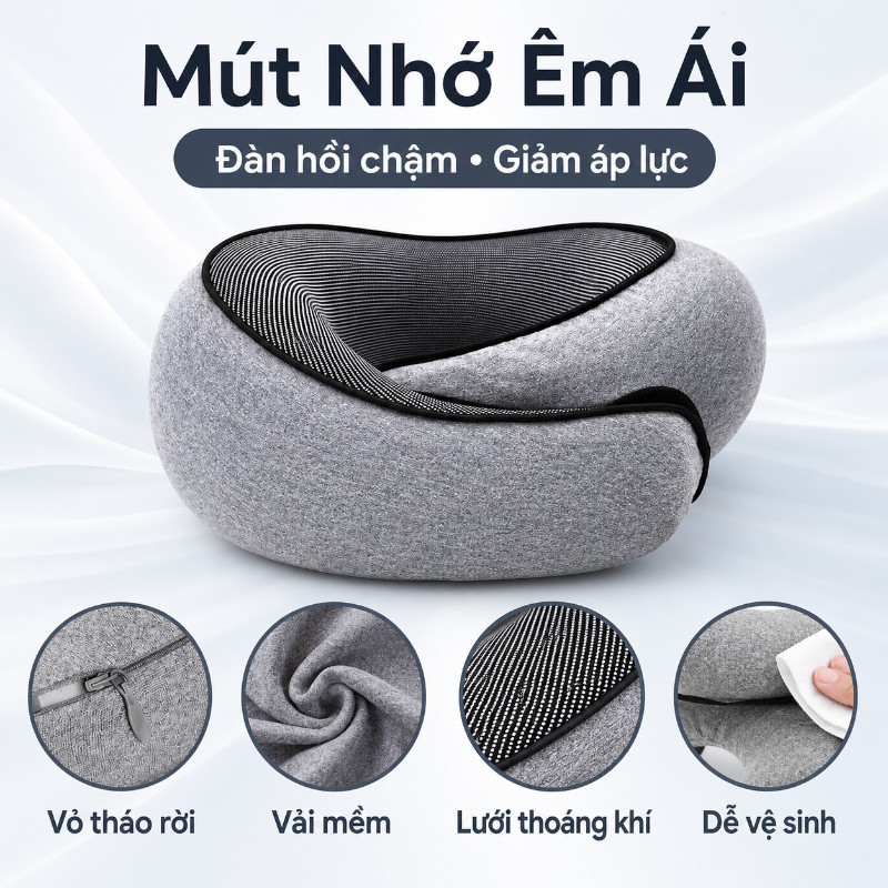 Gối Cao Su Non  Cao Cấp - Thiết Kế Công Thái Học, Hỗ Trợ 360° Bảo Vệ Cột Sống Cổ, Hoàn Hảo Cho Du Lịch & Làm Việc