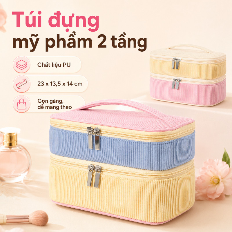 Túi Đựng Mỹ Phẩm 2 Tầng, Dung Tích Lớn, Dễ Vệ Sinh, Dễ Mang Theo, Dùng Khi Du Lịch