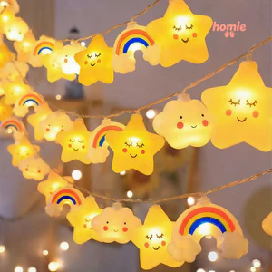 Đèn treo trang trí hình sao và mây LED, sử dụng pin và USB, tạo hiệu ứng cầu vồng, thích hợp cho nhiều không gian khác