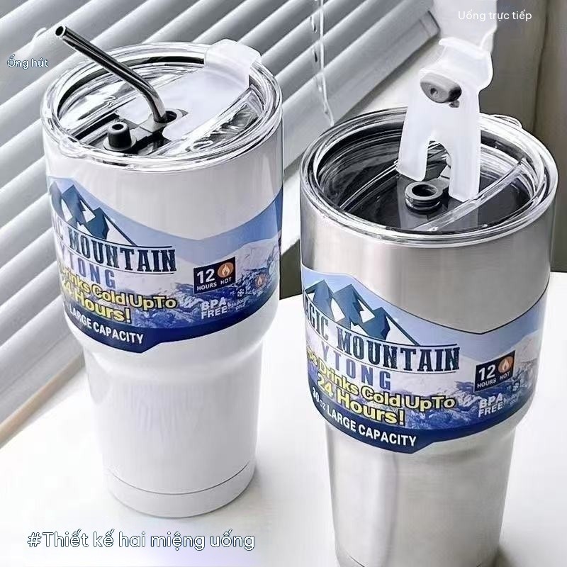 [Giảm 25%] Ly Giữ Nhiệt Inox 304 30oz 900ml Có Nắp Kín Chống Tràn Tặng Sticker Núi Ống Hút Inox Giữ Lạnh 12 Giờ Dùng Ô Tô Tập Gym Du Lịch Đa Năng Tiện Lợi An Toàn Thực Phẩm Bền Đẹp