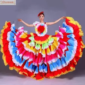 OUSXA Váy Cánh Hoa Xoay Lớn, S M L XL 3 Màu Nữ Mở Đầu Múa Đầm Dài, Trình Diễn Khiêu Vũ Dân Tộc 180-360 Độ
