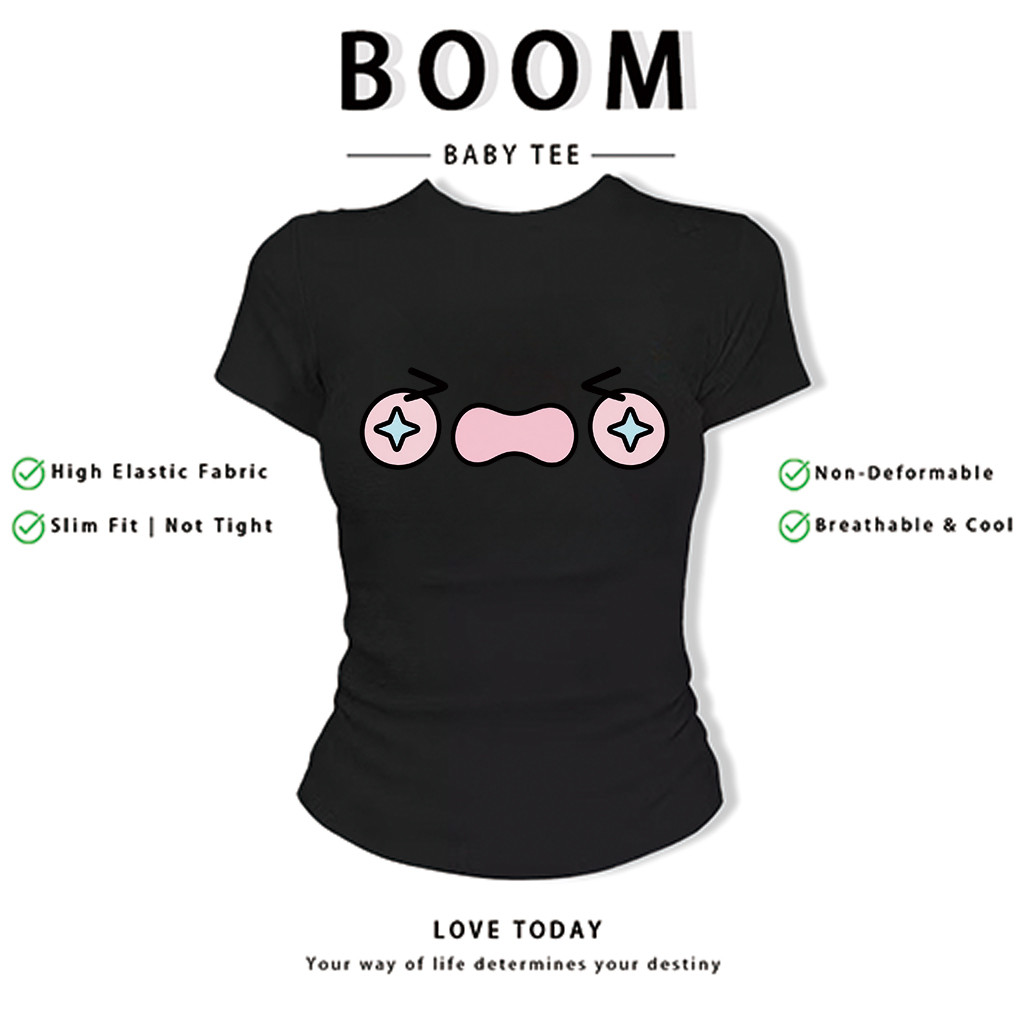 BOOM Áo Baby Tee Nữ Cotton Ôm Body-Áo Thun Ngắn Tay Y2K In Hình PhongCách Mùa Hè, Cổ Tròn Hàng Đầucách hàn quốc phong&92