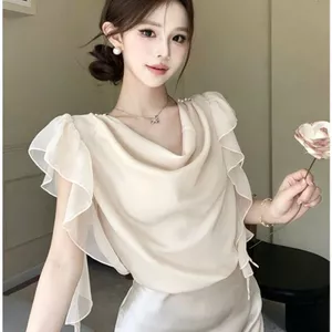Áo sơ mi cổ gió Pure Desire Mùa hè 2026 Phong cách mới Xù Áo sơ mi voan ruy băng tay bay nhỏ phù hợp