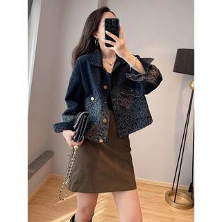Áo khoác denim họa tiết da báo cổ điển màu đen cho nữ, áo khoác ngắn thời trang trẻ trung mùa hè