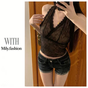 Milyfashion Cổ Chữ V Gợi Cảm Sling Ren Khâu Slim-fit Áo Ngắn