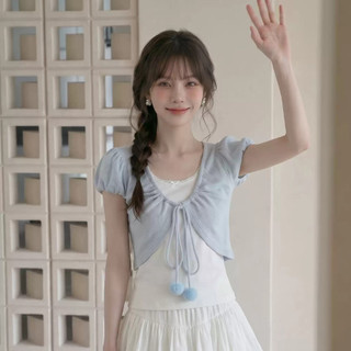 Set Áo Thun Nữ 2 Lớp Tay Phồng Buộc Dây Xếp Ly Croptop Ôm Dáng Tiểu Thư Hàn Quốc Mùa Hè
