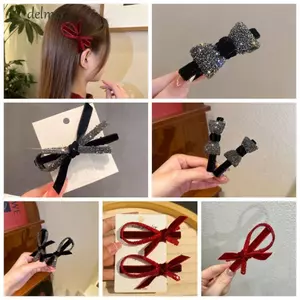 DELMER Kim Cương Giả Vịt Bill Kẹp, Top Barrette Phong Cách Hàn Quốc Nơ Nhung Kẹp Tóc, Phụ Kiện Tóc Ngọt Ngào Màu Đỏ Đen Nổ Bên Kẹp Nữ