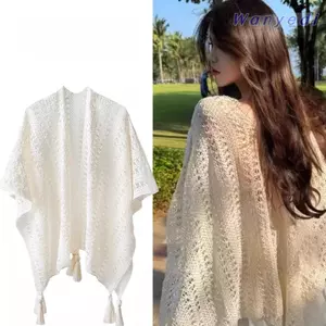 WANYEDI Retro Dân Tộc Cardigan, Ren Bao Tua Rua Viền Khăn Choàng Nữ, Rỗng Ra Dệt Kim Quấn Mỏng Phong Cách Dệt Kim Cardigan Phong Cách Kỳ Nghỉ