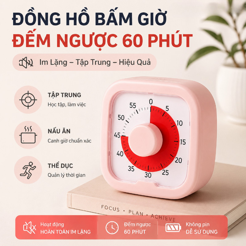 Bộ hẹn giờ ngược 60 phút im lặng, màn hình hiển thị trực quan, dùng cho học tập