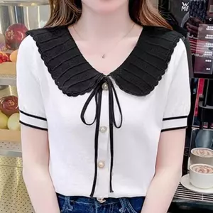 ECK Mùa Hè Hàn Quốc Ngọt Nơ Buộc Ruffle Cổ Búp Bê Tay Ngắn Đa Năng Dệt Kim Áo Sơ Mi Nữ HOT