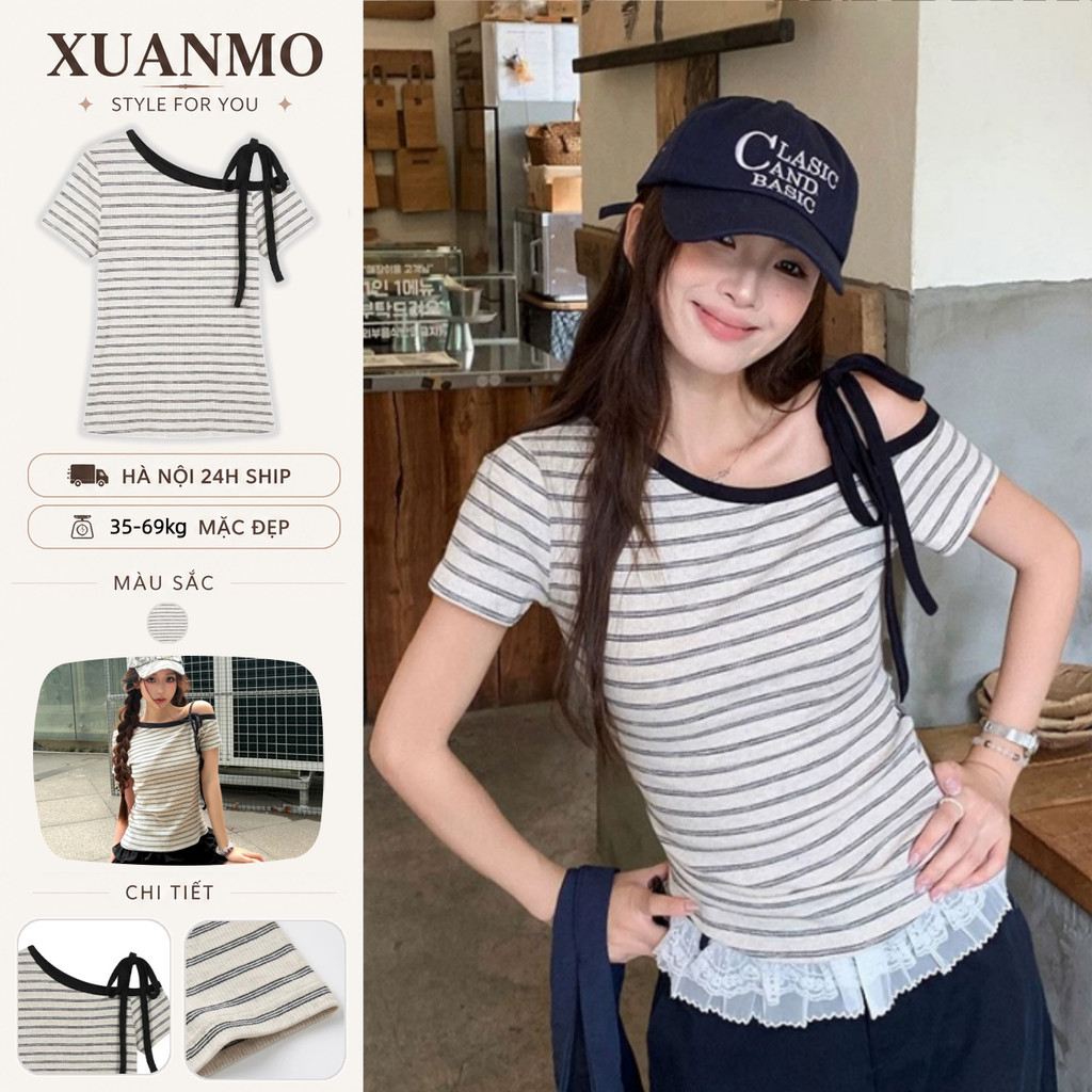 Áo Thun Nữ Hàn Quốc Kẻ Sọc Lệch Vai Buộc Dây Tay Ngắn Form Ôm Tôn Dáng Hot Trend