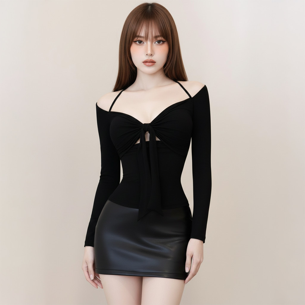 Áo Thun Nữ Trễ Vai Tay Dài Kiểu Xoắn Ngực  Phối Dây Choàng Cổ A51560