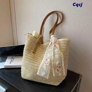 Túi đi biển CQCJ, Túi đeo vai dệt màu trơn rỗng, Thời trang có ruy băng ren Dung tích lớn Túi Tote thủ công đi biển mùa hè