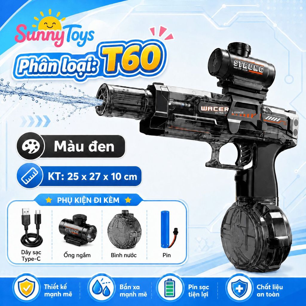 Đồ Chơi Phun Nước Điện T60 SunnyToys - Tự Động Phun Nước, Bình Chứa Lớn Cho Bé Chơi Ngoài Trời