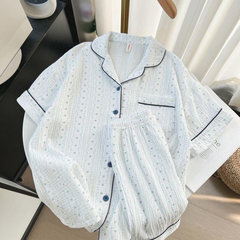 [Hàng mới về] Bộ đồ ngủ Cardigan sọc phong cách thông thường, Cotton đám mây nữ có thể mặc bên ngoài mùa hè Quần Short ngắn tay đơn giản thoải mái