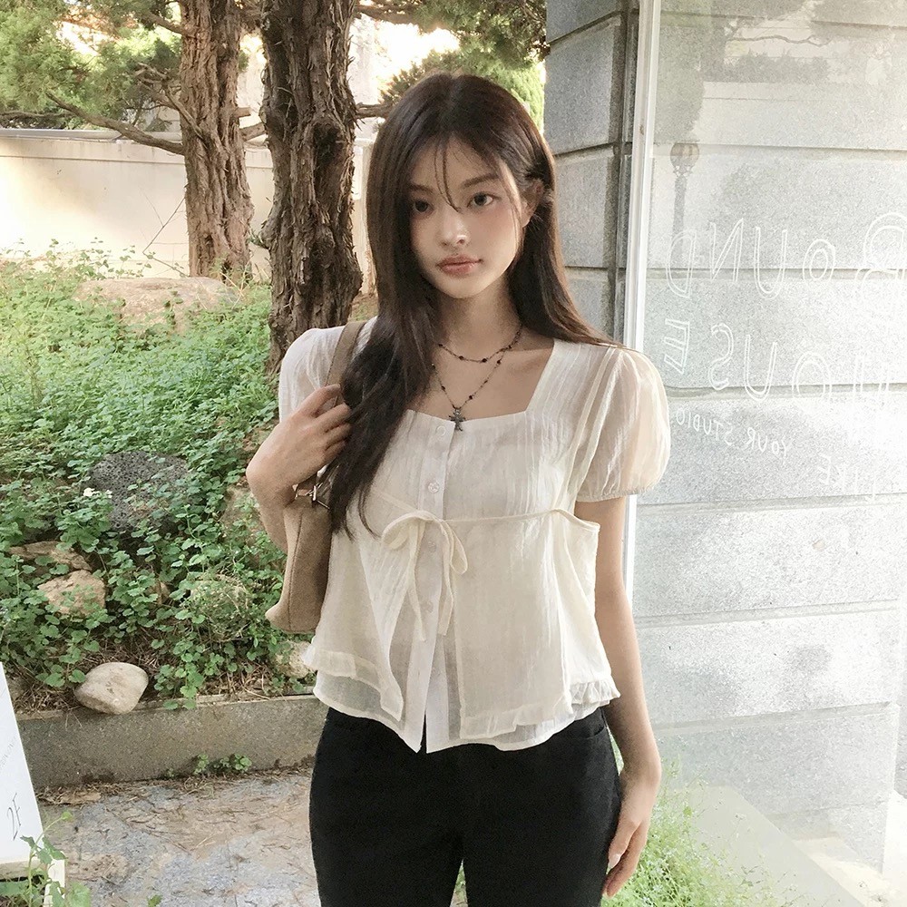 SUXI Áo sơ mi ngắn tay có dây buộc nhẹ nhàng dành cho nữ mùa hè mới 260609
