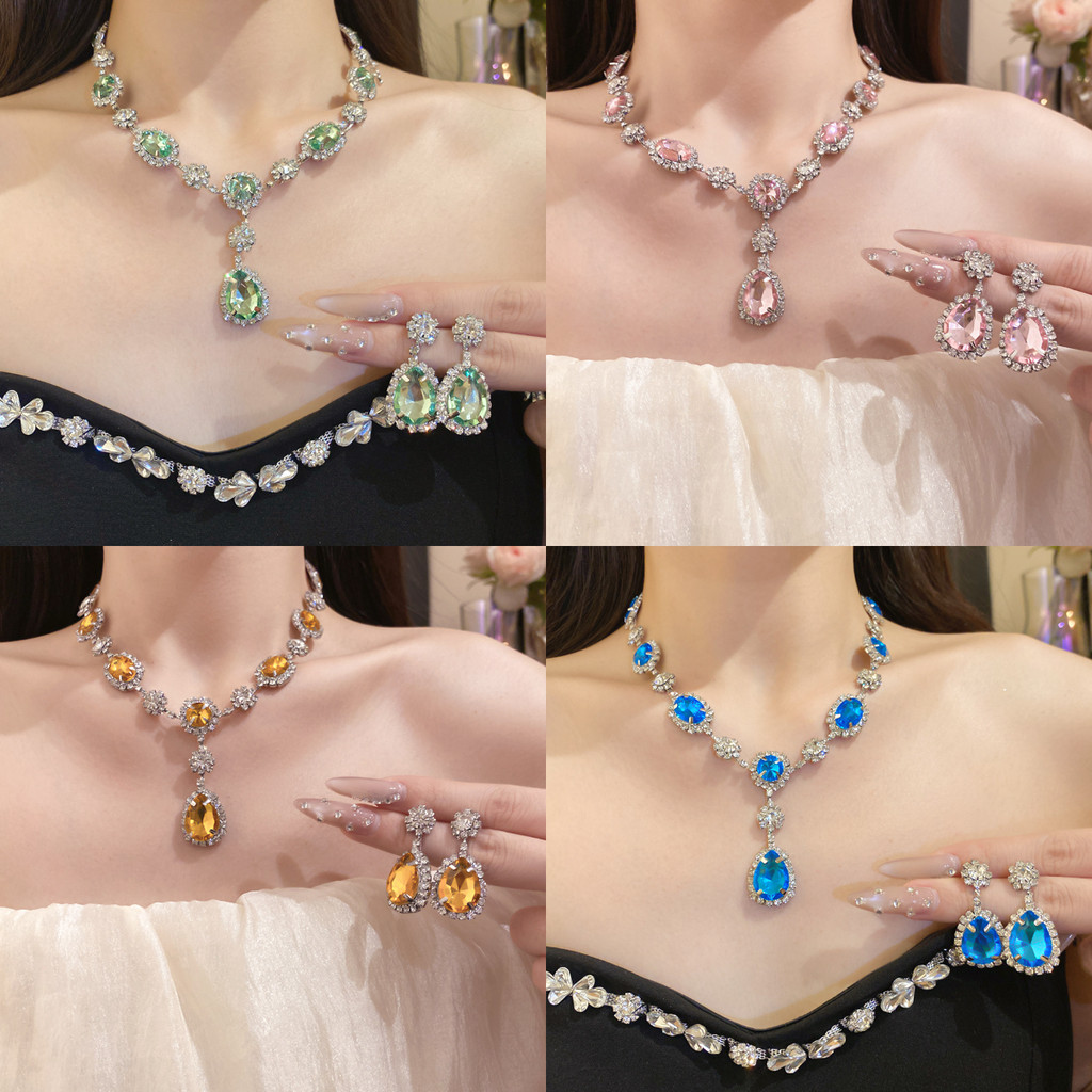 Bộ trang sức tông màu bạc đính đá CZ màu xanh & trong suốt, Bộ vòng cổ & bông tai thả, Trang sức trang trọng sang trọng thanh lịch cho bữa tiệc cô dâu & buổi tối ﻿