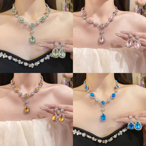 Bộ trang sức tông màu bạc đính đá CZ màu xanh & trong suốt, Bộ vòng cổ & bông tai thả, Trang sức trang trọng sang trọng thanh lịch cho bữa tiệc cô dâu & buổi tối ﻿