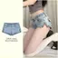 Mùa hè Mỹ Retro Quần short siêu cạp thấp màu xanh thẳng Skinny Skinny Slimer Look Split Jeans