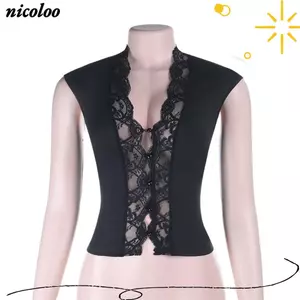 Áo nữ NICOLOO, Áo Crop top ren không tay, Slim Fit màu trơn rỗng Áo thun ren mùa xuân