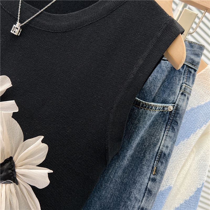 Milyfashion Rời Kích Thước Lớn Lười Ba Chiều Hoa Không Tay Sling Mùa Hè Phong Cách Mới Ngắn Mỏng Hơn Nhìn Top