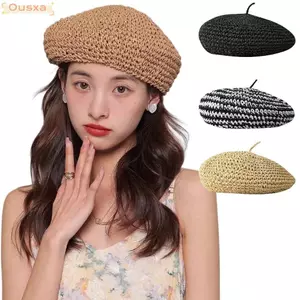 Mũ nồi ống hút mùa hè OUSXA, Mũ nồi móc kiểu Pháp rỗng thủ công, Thiết kế phẳng mỏng thoáng khí Mũ nồi dệt bãi biển mùa xuân hè
