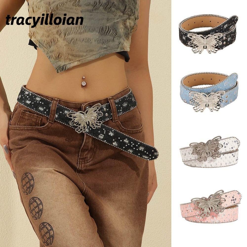 Thắt lưng thời trang cổ điển TCYILLOIAN, Thắt lưng Punk hình bướm đính sequin, Thắt lưng viền rộng Denim hợp thời trang Y2K chắp vá