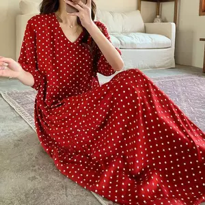 Váy ngủ phong cách mới dành cho nữ Xuân Hè Váy chấm bi đỏ Trung Quốc Váy dài hợp thời trang Bộ đồ ngủ mỏng