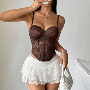 Bán chạy Ren Bán Trong Suốt Lưới Xương Cá Corset Tập Hợp Gợi Cảm Tinh Khiết Desire Xương Cá Top Miếng Lót Ngực Liền Mạch Camisole Phong Cách Mới