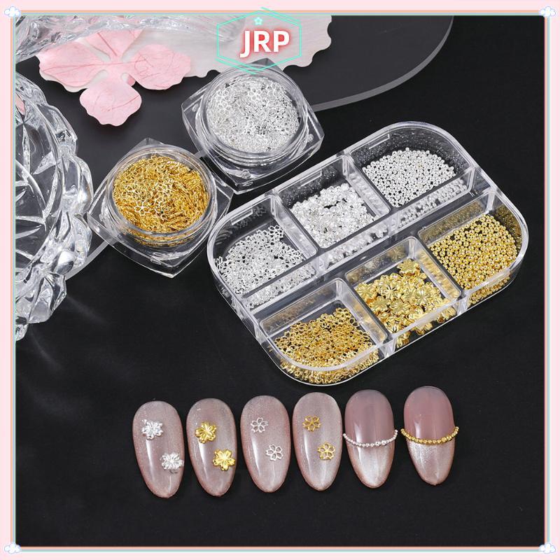 JRP Vàng / Bạc Kim Loại Hoa Anh Đào Hoa Móng Tay Nghệ Thuật Trang Trí Kích Thước Hỗn Hợp Kim Cương Giả Đá Quý Dụng Cụ Làm Móng Tay Phụ Kiện DIY Thiết Kế Móng Tay JRP