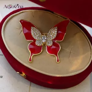 AqToCna Thời Trang Đỏ Thả Dầu Kim Cương Giả Bướm Thổ Cẩm Cho Nữ Quần Áo Áo Phụ Kiện Áo Quà Tặng AqToCna