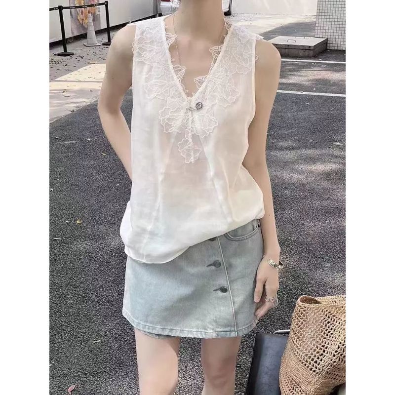 [Giảm giá trong thời gian có hạn] Mùa hè Fat MM Kích thước lớn dáng rộng mỏng hơn trông ren khâu áo Vest không tay cổ chữ V phù hợp cho mọi trận đấu