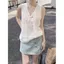 Mùa hè Fat MM Kích thước lớn dáng rộng mỏng hơn trông ren khâu áo Vest không tay cổ chữ V phù hợp cho mọi trận đấu