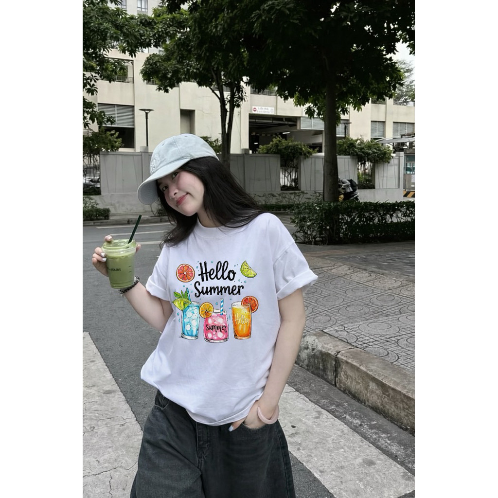 （Giao hàng 24h）Angela Áo Phông Nữ Form Rộng Boxy Cotton 2 Chiều In Hình Hello Summer Ly Nước Trái Cây Phong