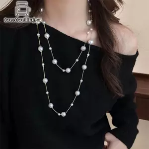 Tweeduj Áo len ngọc trai mô phỏng hai lớp thanh lịch Nelace dành cho nữ Cổ áo nữ Dây chuyền dài Nelace VN