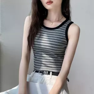 Retro Sọc Dệt Kim Vest Sling Áo Vest Slim-fit Thiết Kế Mùa Hè Hot Girl Phong Cách Hàng Ngày Bên Trong Bên Ngoài Top