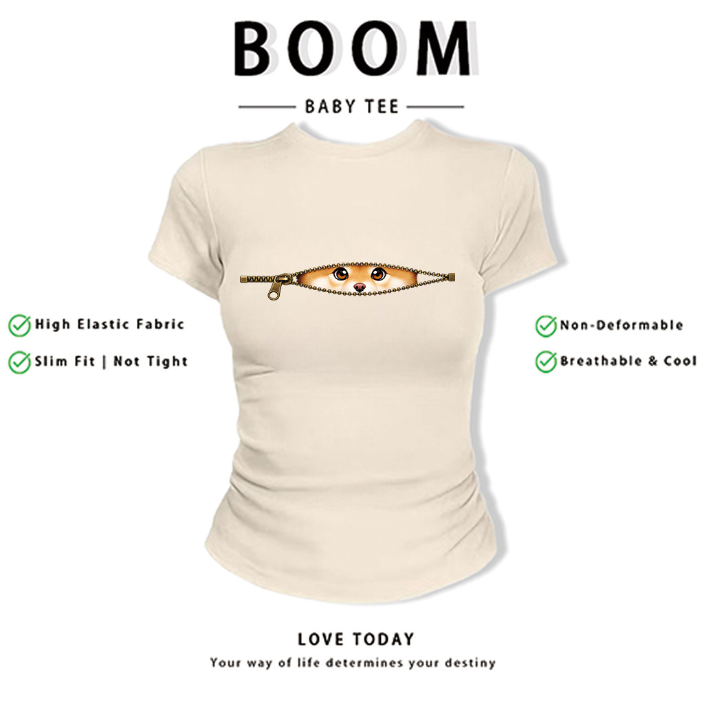 BOOM Áo Baby Tee Nữ Cotton Ôm Body-Áo Thun Ngắn Tay Y2K In Hình PhongCách Mùa Hè, Cổ Tròn Hàng Đầucách hàn quốc phong&60