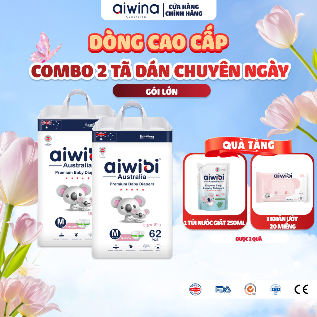 [Combo 2] Tã/Bỉm Dán Cao Cấp Aiwibi Light Feather Cho Bé Siêu Thấm Hút, Chống Tràn - Gói Lớn S/M/L/XL
