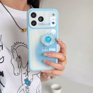 Ốp Điện Thoại Kính Cửa Sổ 3D Hoa + Dây Xích Cho iPhone 17 Pro Max 16 15 14 Vỏ Bảo Vệ Chống Sốc