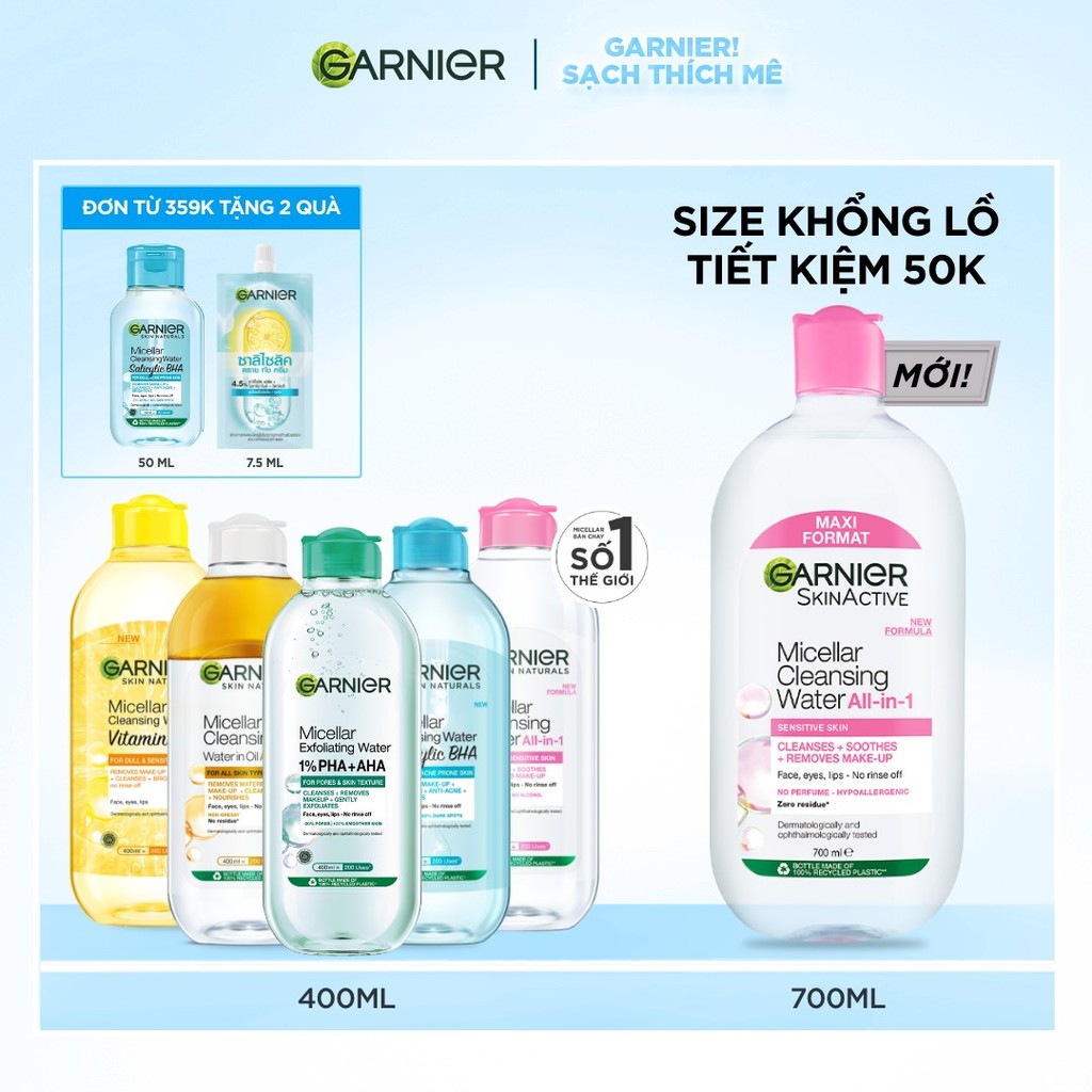 [CÓ SIZE MỚI] Nước Tẩy Trang làm sạch sâu dịu nhẹ cho mọi loại da - Garnier Micellar Cleansing Water 400ml & 700ml