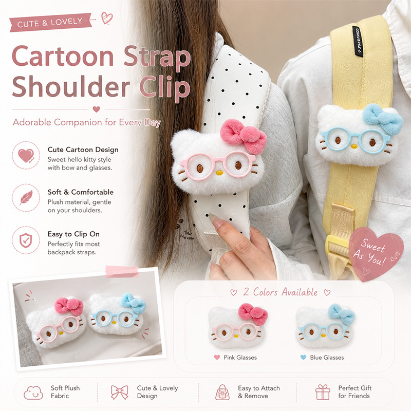 Kẹp dây đeo vai sang trọng Kitty dễ thương, Phụ kiện ba lô hoạt hình đáng yêu có kính & nơ