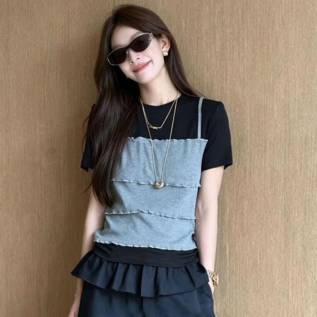 [Giảm giá trong thời gian có hạn] Sling hai mảnh giả phong cách Hàn Quốc Slimer Look All-Match Stitch