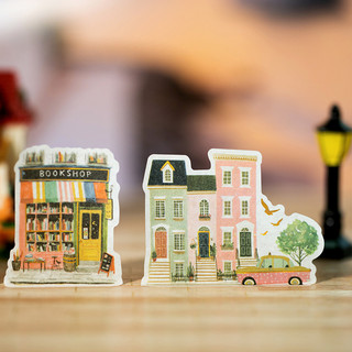 ENWEI 50mm * 2m 1 Cuộn [Dòng thị trấn quyến rũ] Cửa hàng cà phê City Street Blue Flower Shop Chủ đề nhà Cuộn nhãn dán tái chế cho tạp chí Album ảnh
