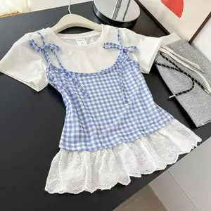 Áo thun ren nơ phong cách Hàn Quốc Màu xanh trắng kẻ sọc khâu vai trước ngắn tay cho nữ kỳ nghỉ hè Áo phong cách ba lê hai mảnh
