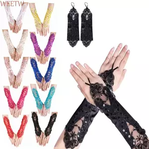 WEETW Găng Tay Ren Nữ, Trang Trí Kim Cương Giả Ren Thêu Cô Dâu Găng Tay, Thiết Kế Thanh Lịch Sequin Retro Rỗng Ra Găng Tay Cưới Phụ Kiện Đầm