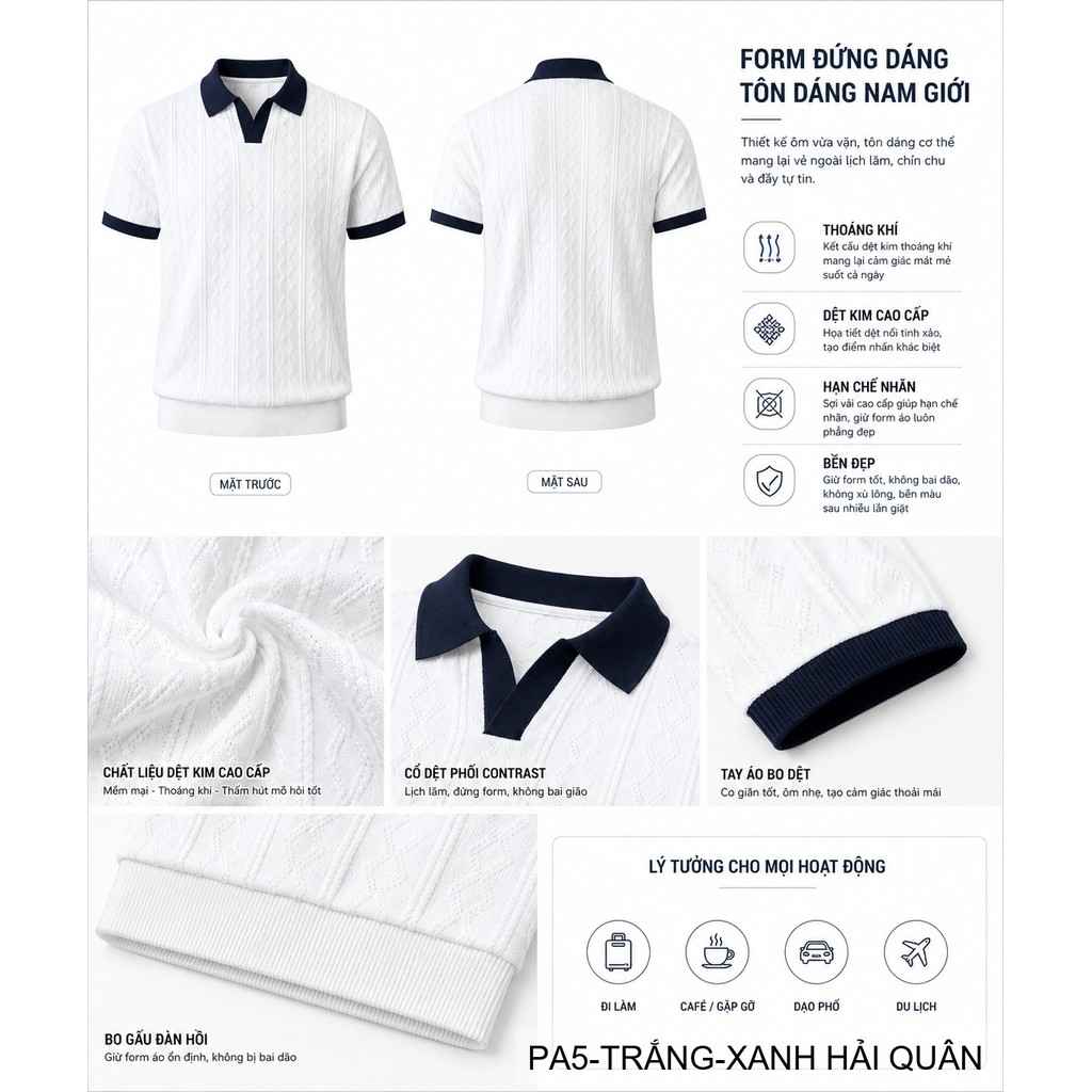 PA5 - Áo Polo Nam Mùa Hè Chất Jacquard Co Giãn, Cổ V Phối Màu Thời Trang, Dáng Ôm Thoáng Khí