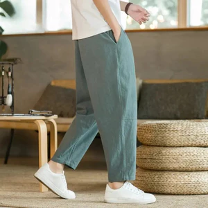 Quần vải lanh nam VN, thời trang thông thường, màu trơn thoáng khí, quần short dáng rộng, dây rút quần thẳng, quần áo đường phố nam.
