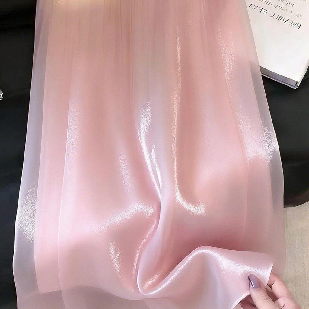 [Mặc nhỏ dễ thương] Váy hồng mùa hè Streamer Mùa hè Cổ tích lông tơ Drape cạp cao mỏng hơn trông thời trang...